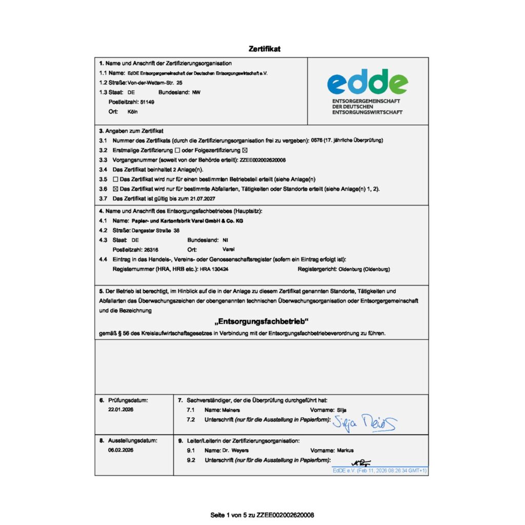 Certificate waste management company